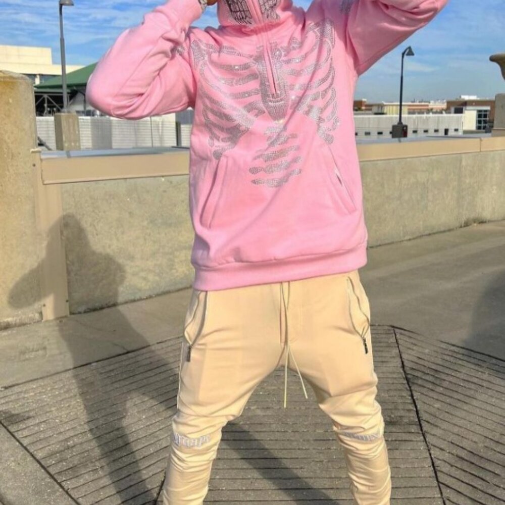 Guapi Men's Skeleton Hoodie Light Pink Silver Rhinestones Ltd Ed Size M (JB)